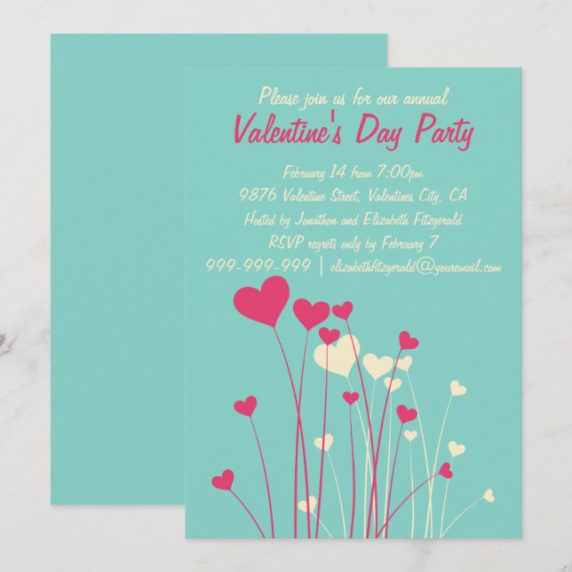 Invitation Fleurs de coeur d'amour modernes Valentines (Devant / Derrière)