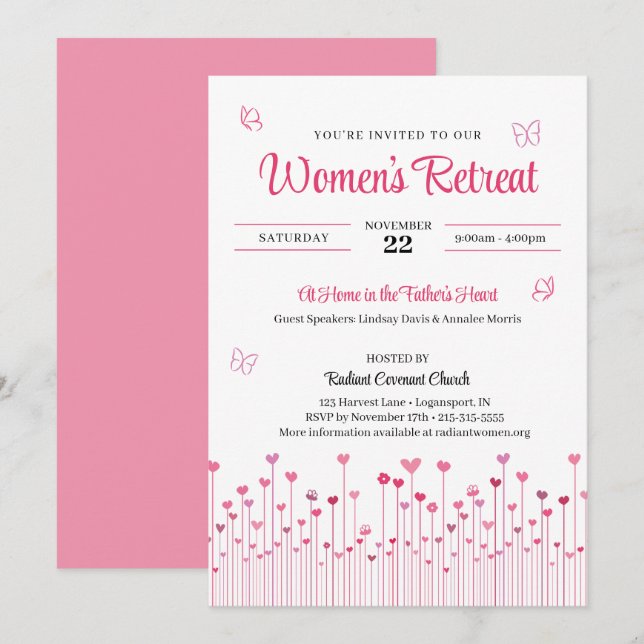 Invitation Fleurs de Coeur rose Retraite de l'Eglise des femm (Devant / Derrière)