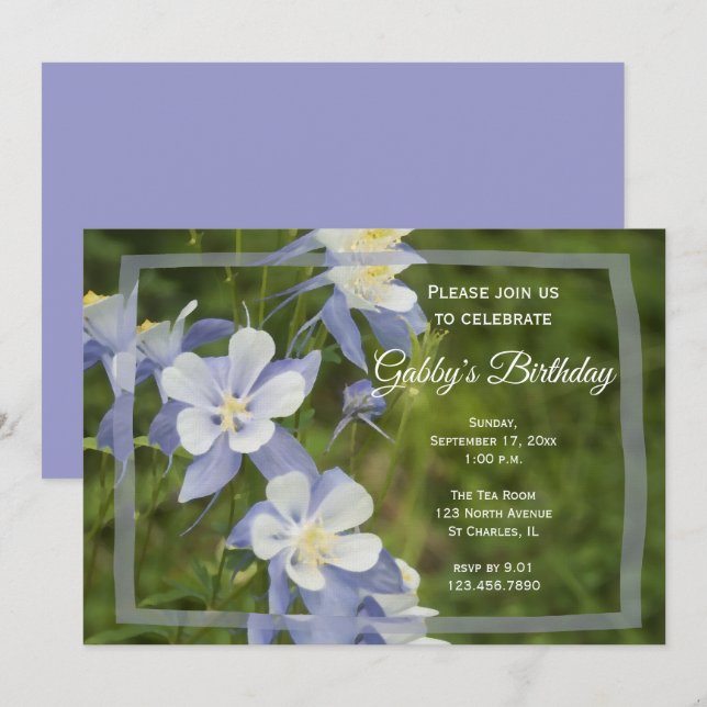 Invitation Fleurs de Columbine Bleue Anniversaire (Devant / Derrière)