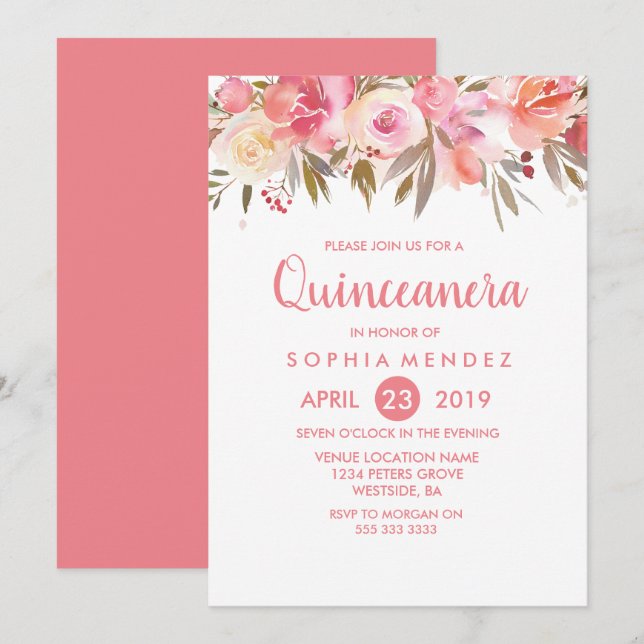 Invitation Fleurs de corail Pêche Quinceanera fête d'annivers (Devant / Derrière)