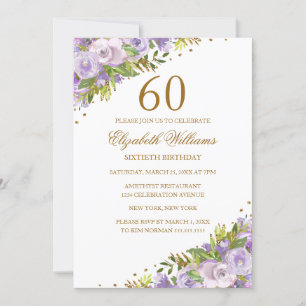 Invitation Fleurs de couleur pourpre aquarelle Or 60e anniver