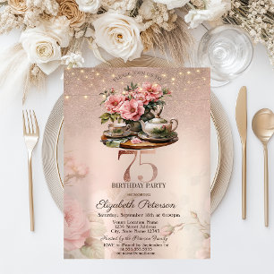 Invitation Fleurs de coupe de thé pailletées Rose Gold 75e An