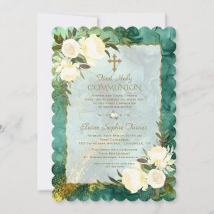 Invitation Fleurs de crème blanche chic Gold Première communi