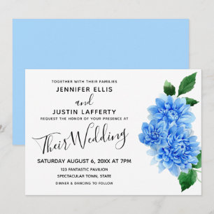 Invitation Fleurs de dahlia aquarelle bleue Mariage Moderne