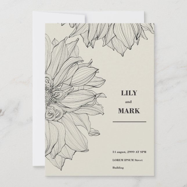 Invitation Fleurs de Dahlia de jardin. Fond gravé.  (Devant)