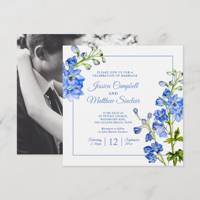 Invitation Fleurs de Delphinium bleu aquarelle art mariage (Devant / Derrière)