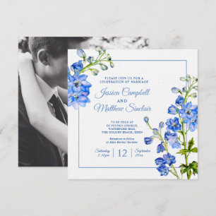 Invitation Fleurs de Delphinium bleu aquarelle art mariage