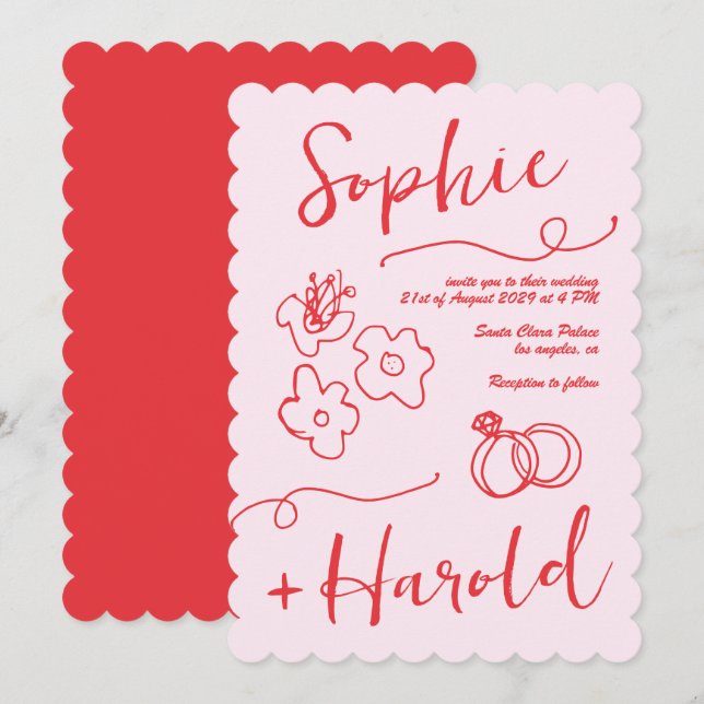 Invitation Fleurs de Doodle Françaises Quirky Mariage Françai (Devant / Derrière)