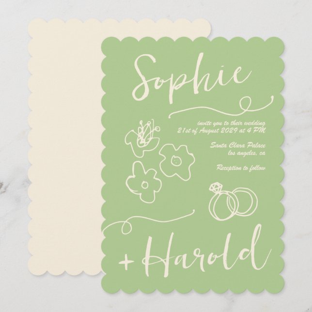 Invitation Fleurs de Doodle Françaises Quirky Mariage Françai (Devant / Derrière)