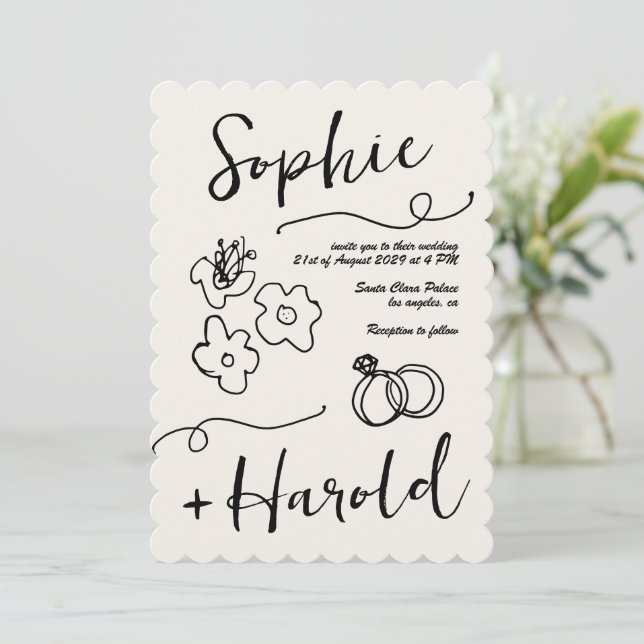 Invitation Fleurs de Doodle Françaises Quirky Mariage Françai (Debout devant)