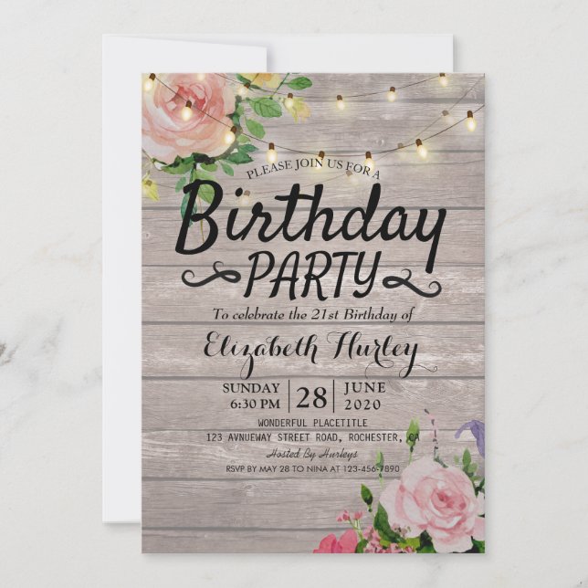 Invitation Fleurs de fête d'anniversaire Lumières à cordes de (Devant)