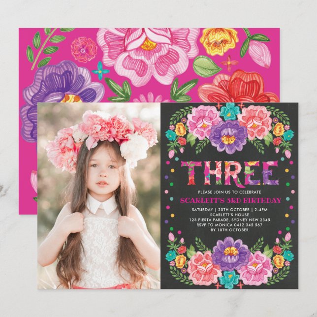 Invitation Fleurs de fêtes mexicaines 3e Filles Photo d'anniv (Devant / Derrière)
