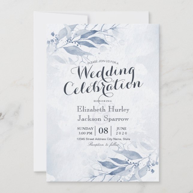 Invitation Fleurs de feuilles d'aquarelle bleue Mariage botan (Devant)