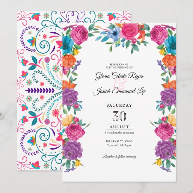 Invitation Fleurs de Fiesta et Mariage de style broderie mexi (Devant / Derrière)