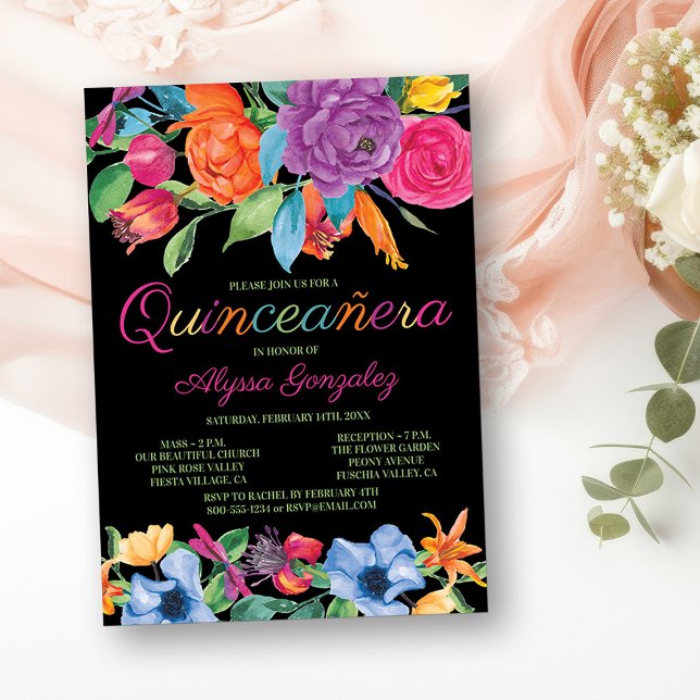 Invitation Fleurs de Fiesta Quinceanera Florale Noire Colorée (Mass & Quinceanera Invitation from my Fiesta Flowers Quinceanera Collection)