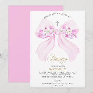 Invitation Fleurs de fille arc-en-ciel rose aquarelle Baptême