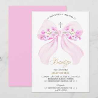 Invitation Fleurs de fille arc-en-ciel rose aquarelle Baptême