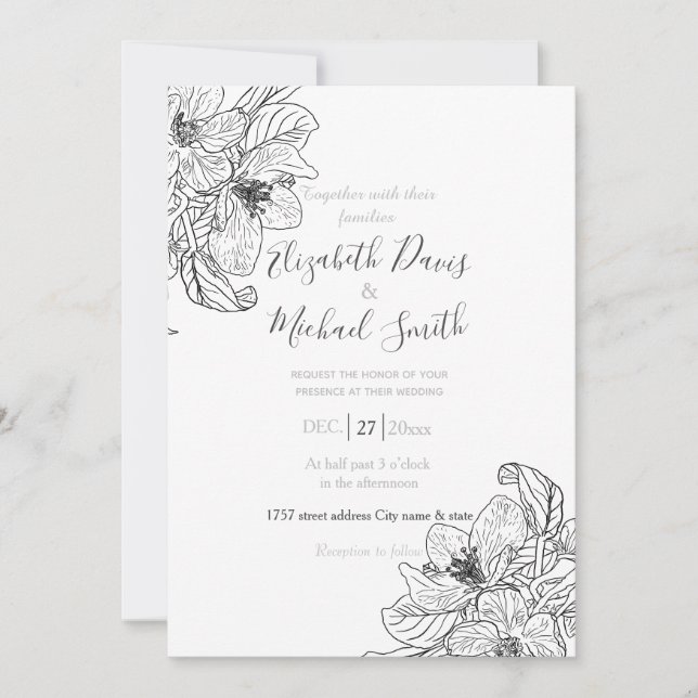 Invitation Fleurs de fleurs de cerisier noir blanc Botanique (Devant)