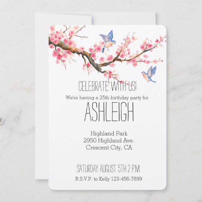 Invitation Fleurs de fleurs de cerisiers et anniversaire d'oi (Devant)