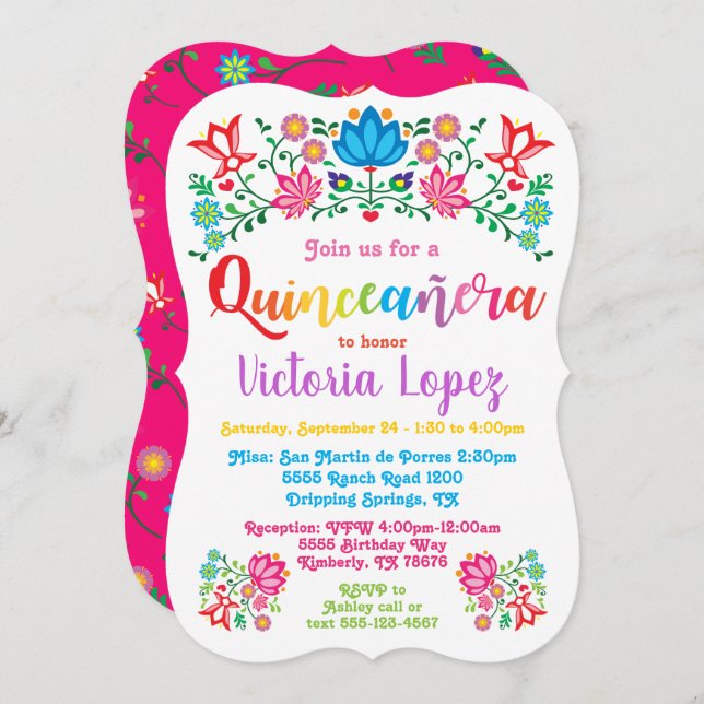 Invitation Fleurs de folkart de fête d'anniversaire de fiesta (Devant / Derrière)