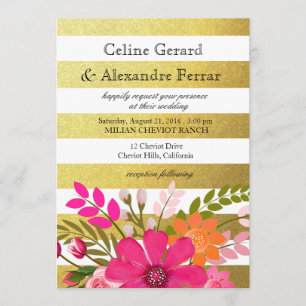 Invitation Fleurs de Folklore Graturées en or Mariage fuchsia