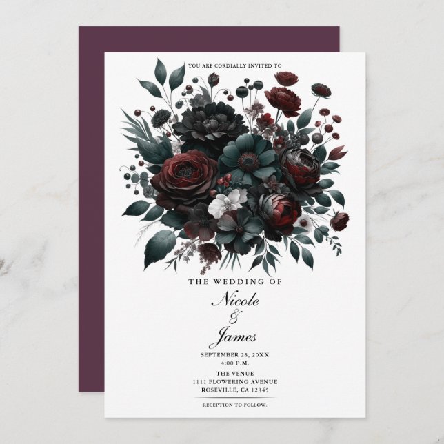 Invitation Fleurs de Forêt Moody foncé Élégant Mariage Floral (Devant / Derrière)