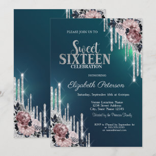 Invitation Fleurs de gouttes de paillettes d'argent modernes