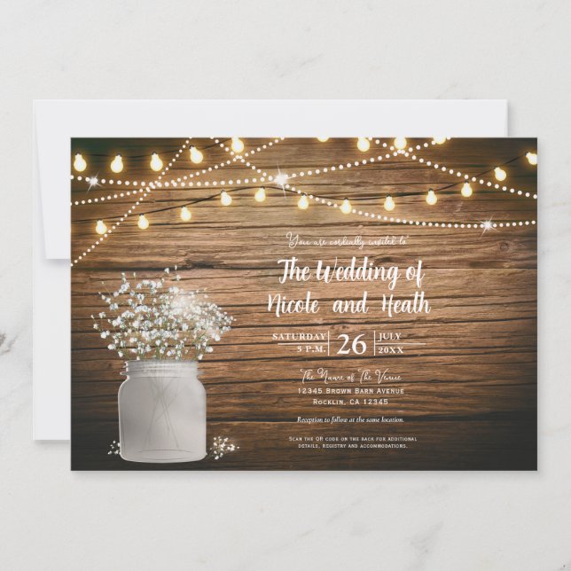 Invitation Fleurs de Gypsophile dans un pot Mason rustique &  (Devant)