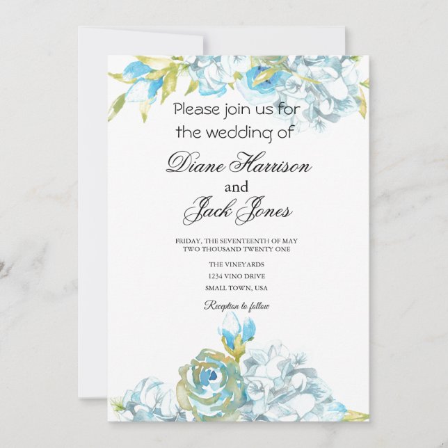 Invitation Fleurs de jardin bleues Mariage (Devant)