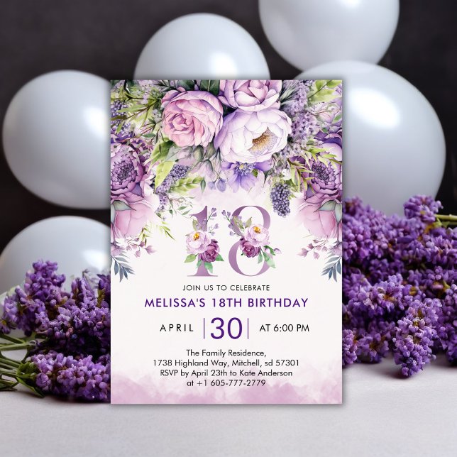 Invitation Fleurs de Jardin violet et rose 18e anniversaire (Purple & Pink Garden Flowers 18th Birthday Invitation)