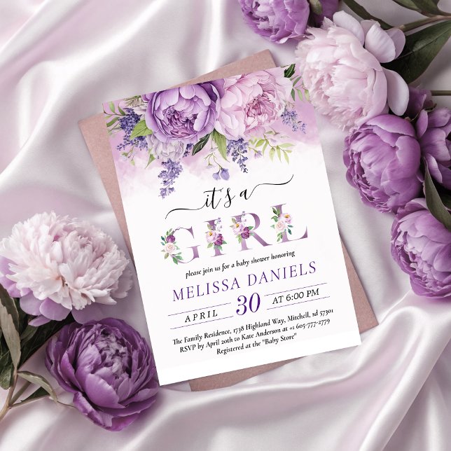 Invitation Fleurs de jardin violet et rose Baby shower fille (Purple & Pink Garden Flowers Girl Baby Shower Invitation)