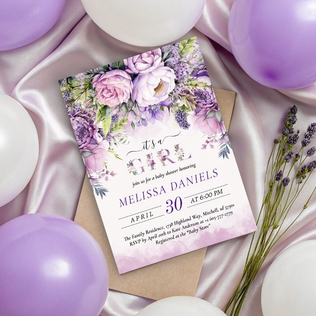 Invitation Fleurs de jardin violet et rose Baby shower fille (Purple & Pink Garden Flowers Girl Baby Shower Invitation)