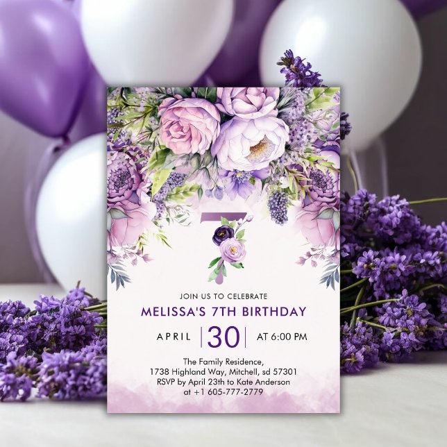 Invitation Fleurs de Jardin Violet et Rose Fille 7e anniversa (Purple & Pink Garden Flowers Girl 7th Birthday Invitation)