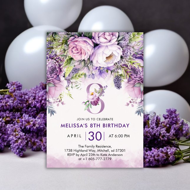 Invitation Fleurs de Jardin violet et rose Fille 8e anniversa (Purple & Pink Garden Flowers Girl 8th Birthday Invitation)