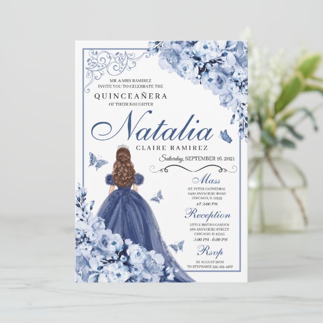 Invitation Fleurs de la Marine Bleue Dusty Tiara Quinceañera (Debout devant)