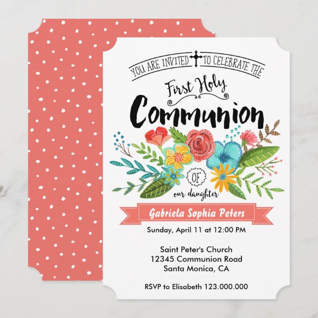 Invitation Fleurs de la première sainte communion | Invitatio (Devant / Derrière)
