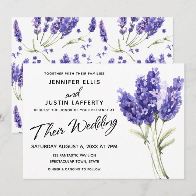 Invitation Fleurs de lavande aquarelle, Mariage élégant (Devant / Derrière)