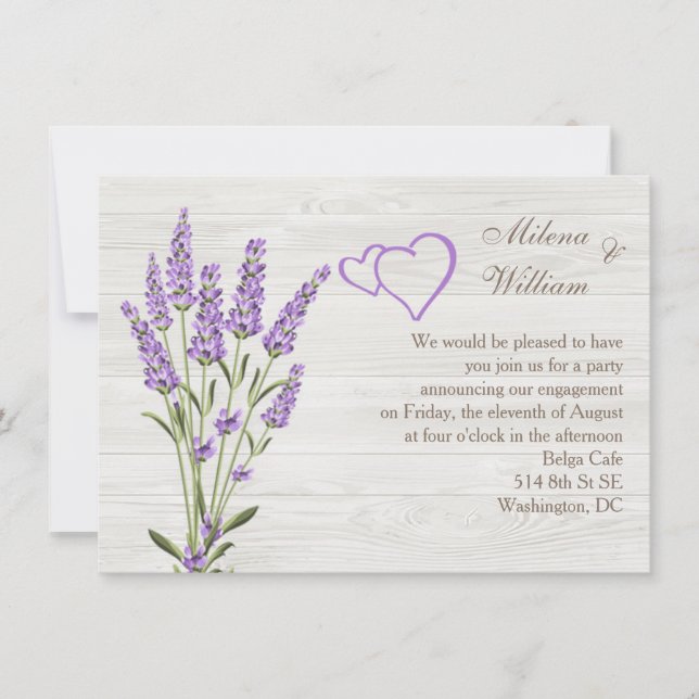 Invitation Fleurs de lavande, coeurs sur bois Partie d'engage (Devant)