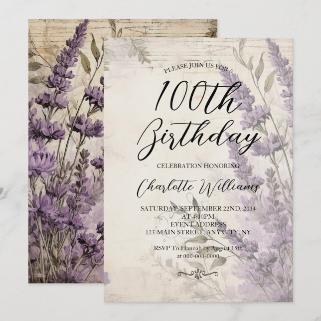 Invitation Fleurs de lavande Femmes 100e anniversaire (Devant / Derrière)