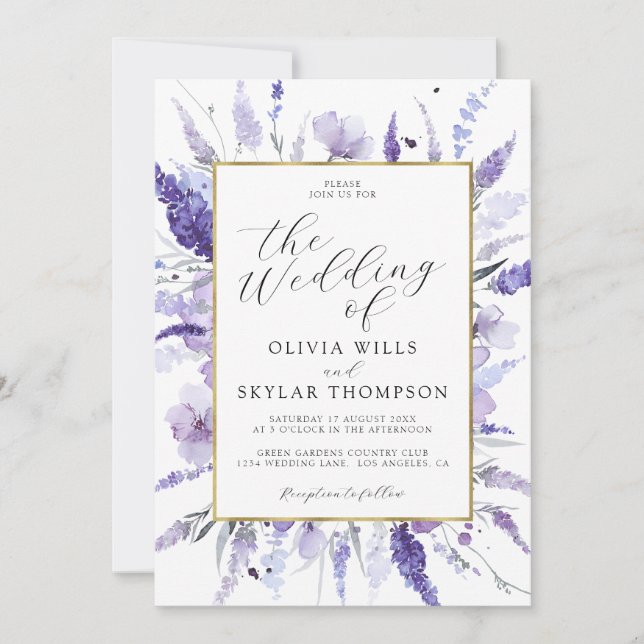 Invitation Fleurs de lavande Mariage Floral Frame Or Lilac (Devant)