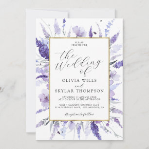 Invitation Fleurs de lavande Mariage Floral Frame Or Lilac
