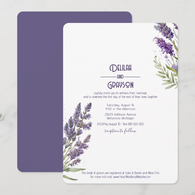 Invitation Fleurs de lavande Mariage violet rustique (Devant / Derrière)