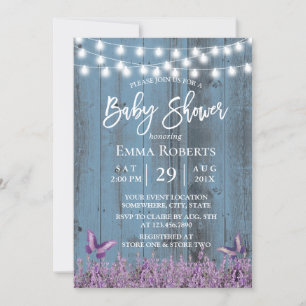 Invitation Fleurs de lavande Papillon Dusty Baby shower bleu