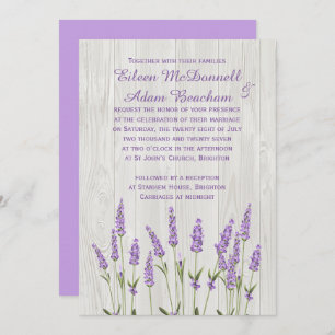 Invitation Fleurs de lavande violette sur Mariage de bois