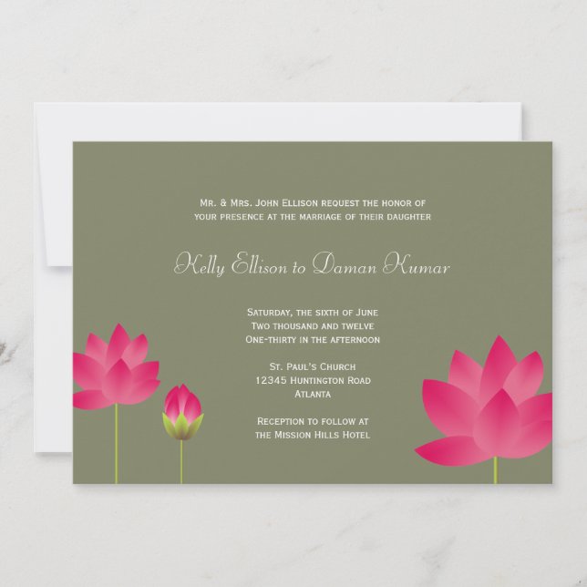 Invitation Fleurs de lotus rose rouge moderne thé vert mariag (Devant)