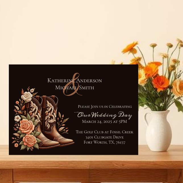 Invitation Fleurs de l'Ouest du pays avec bottes de cowboy (Modern Elegant Country Western-Cowboy Boots with Flowers Invitation)