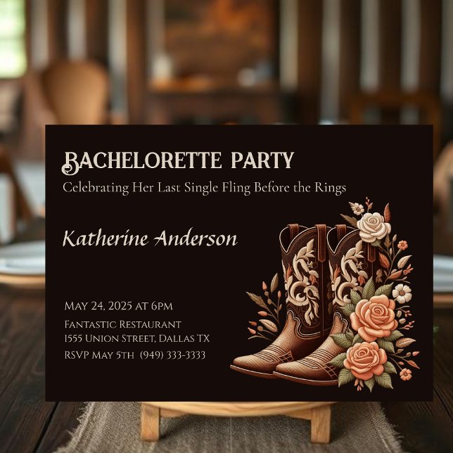 Invitation Fleurs de l'Ouest du pays avec bottes de cowboy (Country Western Flowers with Cowboy Boots Invitation dark)