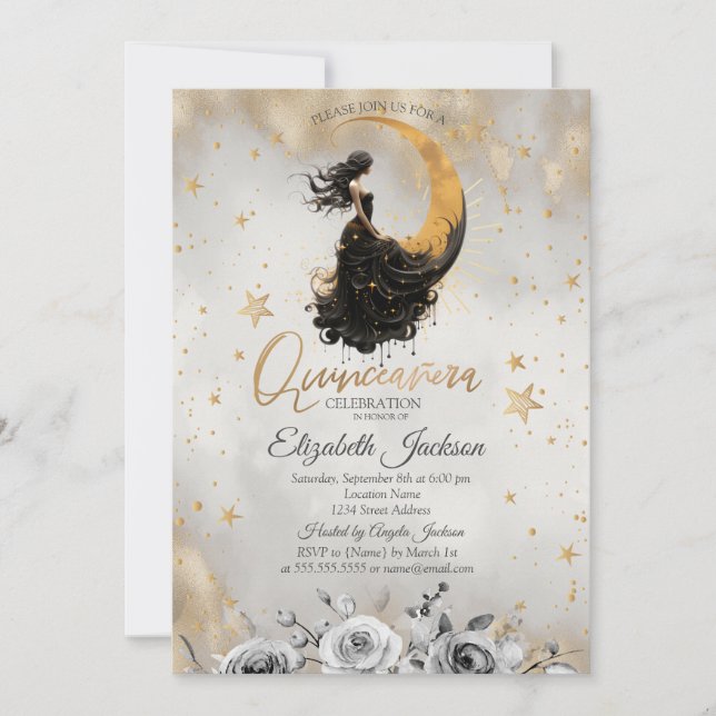 Invitation Fleurs de lune céleste Stars Quinceanera (Devant)