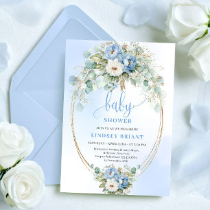 Invitation Fleurs de luxe bleu poussiéreux Eucalyptus Or Bébé