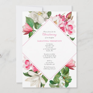 Invitation Fleurs de Magnolia rose blanche Baptême Christenin